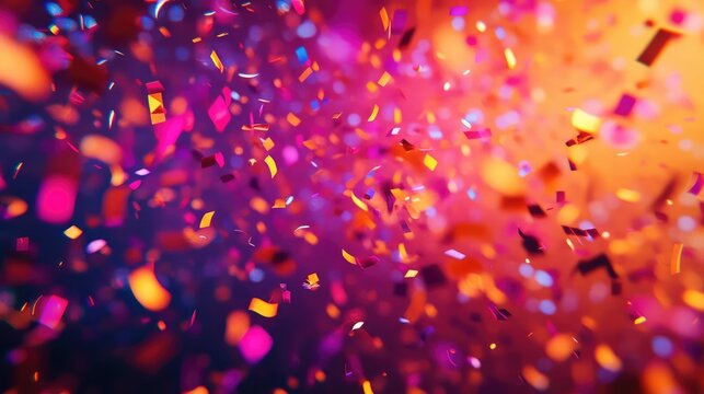 Brightly colored confetti pieces exploding and falling across a gradient background of pink, purple, and orange hues, creating a dynamic and festive atmosphere