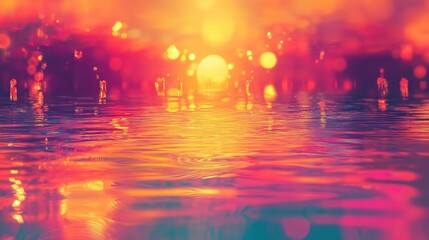 Abstract vibrant colorful background showing soft focus light bokeh reflecting on a rippled liquid water surface creating a dreamy and energetic visual