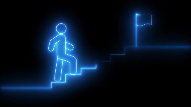 Neon glowing Person Climbing Stairs Towards Success flag icon animation on black background. 4k animation alpha chanel loop.