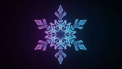 Glowing six-pointed snowflake floating in studio gradient, with magenta cyan neon lighting and halo