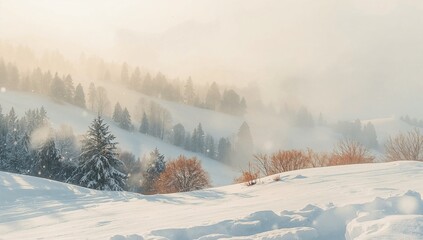 Showing snowdrifts and rolling hills with evergreen trees glowing in alpine valley, sunlit haze