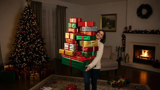 A smiling female adult caucasian carries an enormous stack of colorful christmas presents. She walks through a festive living room with a decorated tree and warm fireplace