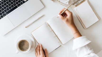 Person writing goals in planner on desk with laptop and coffee. Planning, productivity and organization concept. New year resolutions focused on goals, motivation, start and personal growth