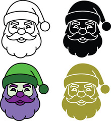 Four cartoon Santa Claus faces with different colors and expressions
