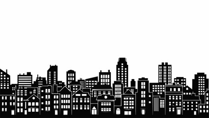 Black and White Silhouette of a Dense Cityscape with Diverse Buildings.