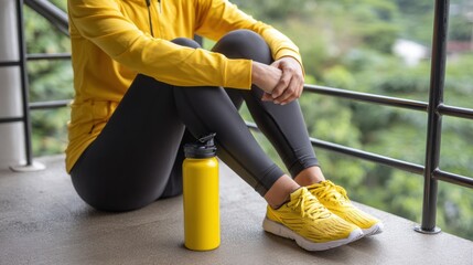 Person resting after workout on balcony in sportswear and water bottle. Healthy lifestyle and fitness routine concept. New year resolutions focused on exercise, motivation and self improvement