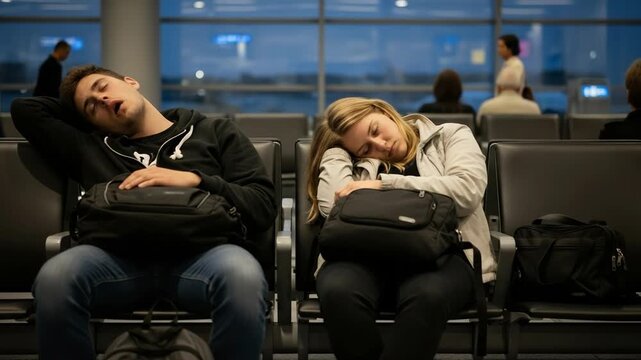 Tired adult male and female passengers sleeping on chairs in an airport terminal. They are experiencing travel fatigue and long layovers while waiting for their flight