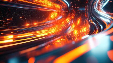 Wavy orange and blue light trails and glowing particles form an abstract digital tunnel, illustrating high speed data flow, network connectivity and modern information technology