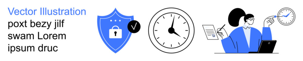 Cybersecurity, productivity, remote work, time tracking, data protection, work-from-home. Blue shield with a lock, clock and professional at a desk. Cybersecurity and productivity concept