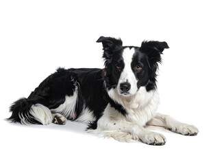 Fototapeta premium A black and white dog relaxes on a white background, its intelligent eyes looking toward the viewer with curiosity