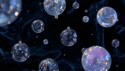Floating clear mirrored glass baubles over studio velvet with metal caps, point lights and bokeh