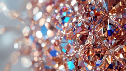 Glittering cluster of faceted rose-gold crystals catching blue and white reflections in studio