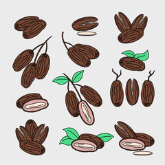 Flat Color Date Fruit Icons with Simple Black Outline