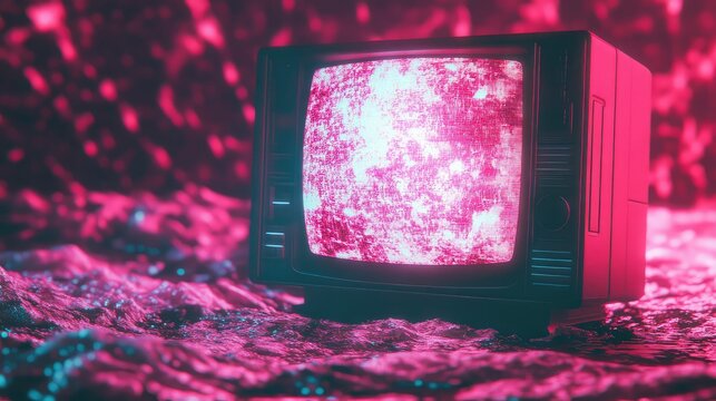Vintage analog television set showing a vibrant pink and red distorted signal, symbolizing digital disruption, media overload, and technology nostalgia - Powered by Adobe