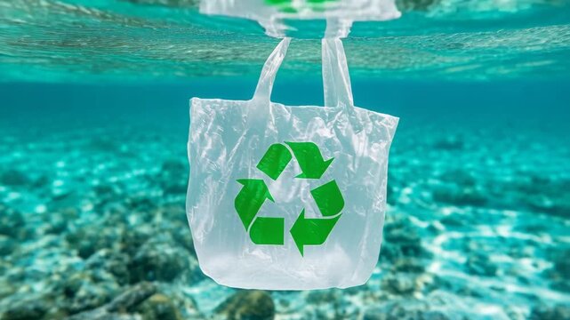 A plastic bag with a green recycling symbol floating in clear blue water near coral reefs.