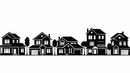 Row of Diverse Suburban Houses Silhouetted Against White Background.