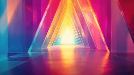 Abstract tunnel featuring geometric glass structures illuminated by a spectrum of neon colors, creating a futuristic perspective towards an energetic bright light