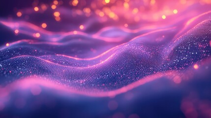 Digital particles forming undulating waves create an abstract technology background, visualizing data flow and connectivity with vibrant glowing lights and bokeh effects