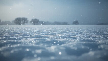 Rippling snow surface on plain catching falling flakes, dusting frost, bare treeline under pale sky