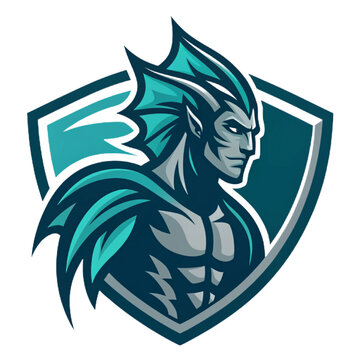 Flat Vector Logo of Abyssal Merman, Dark Teal and Grey Esport Crest