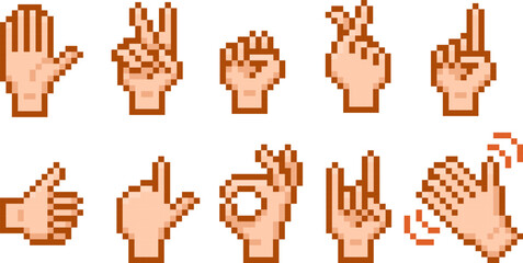 Set of pixelated hand gesture emoji, emoticons for messages, 8 bit.