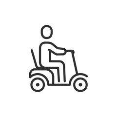 Person on mobility scooter, linear icon. Assisted movement for limited mobility. Line with editable stroke.