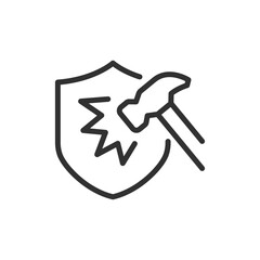 Durability, shield with hammer impact, linear icon. Shock resistance and protection. Line with editable stroke.