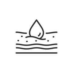 Drop over skin layers, linear icon. Moisture absorption and skincare effect. Line with editable stroke.