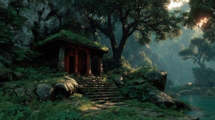 Moss-covered building near a lake surrounded by trees and rocks in a forest setting during daylight hours