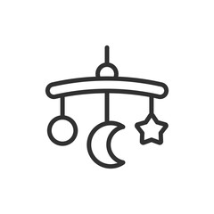 Baby mobile with hanging shapes, linear icon. Infant toy for crib stimulation. Line with editable stroke.