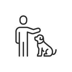 Person petting dog, linear icon. Training interaction and animal companionship. Line with editable stroke.