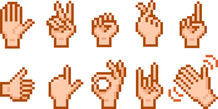 Set of pixelated hand gesture emoji, emoticons for messages, 8 bit.