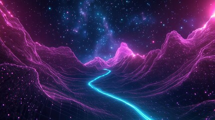 Vibrant blue neon path winds through purple wireframe mountains beneath a starry cosmic sky, evoking futuristic data flow, virtual travel, networked cyberspace exploration
