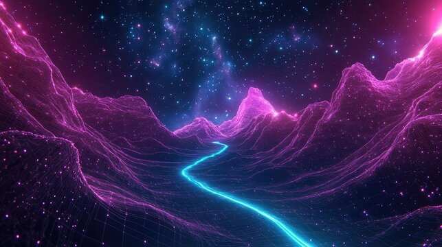 Vibrant blue neon path winds through purple wireframe mountains beneath a starry cosmic sky, evoking futuristic data flow, virtual travel, networked cyberspace exploration - Powered by Adobe