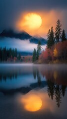 Fototapeta premium Mystical autumn sunrise over serene lake with mountain silhouette and fiery sky reflection