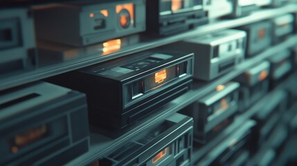 Rows of dated electronic devices with glowing orange indicators line up on shelves, symbolizing historical data management, forgotten technology, and digital archiving