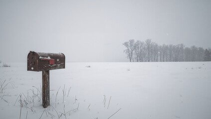 Standing mailbox leaning on post in snowy field, red flag, dry grass, distant trees, copy space