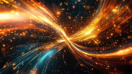 Abstract light beams creating a dynamic pattern, with glowing particles scattering across a dark background, representing concepts of energy, connection, data, and technology