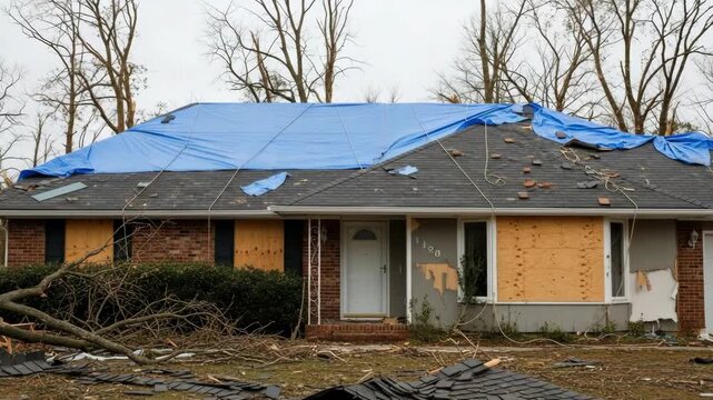 Residential homes with blue tarps covering storm damaged roofs and boarded up windows. Debris from fallen trees and shingles litters the front yard after a natural disaster