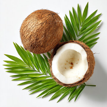 Whole and halved coconut with green palm leaves on white background