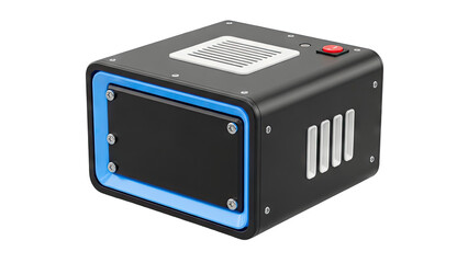 Fototapeta premium Modern Black Box with Blue Trim and Red Button Isolated on White