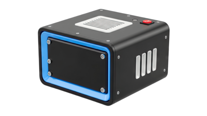 Modern Black Box with Blue Trim and Red Button Isolated on White