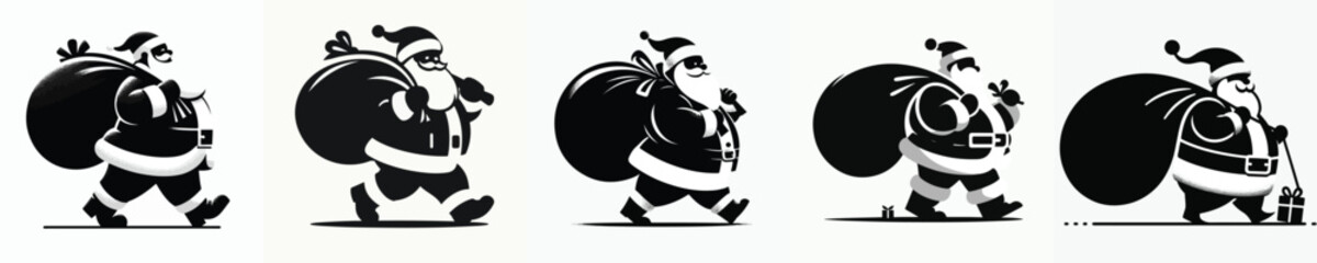 vector silhouette of santa claus walk carrying a bag of christmas gifts