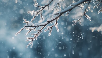 Showing snowy deciduous branches glistening at park, with ice crystals, droplets, falling snow
