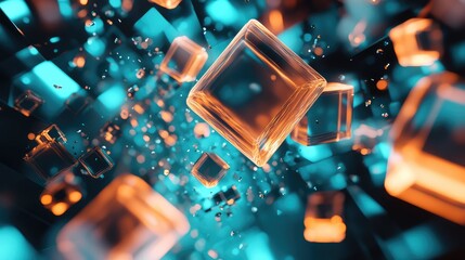 Abstract scene featuring many translucent orange cubes and particles floating against a dark background with sharp blue illuminated geometric shapes creating a dynamic, modern pattern
