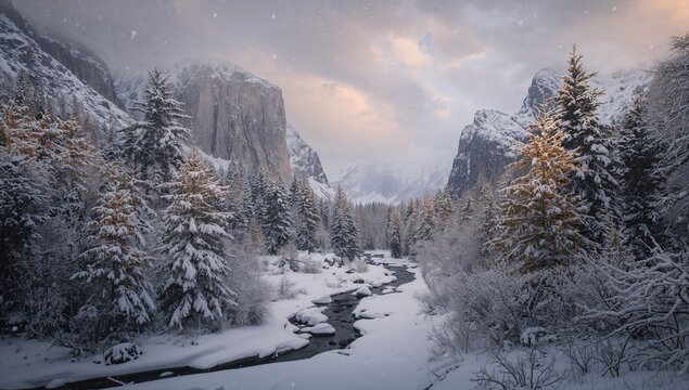 Meandering snow-covered stream cutting through deep snow in mountain valley, with conifer trees