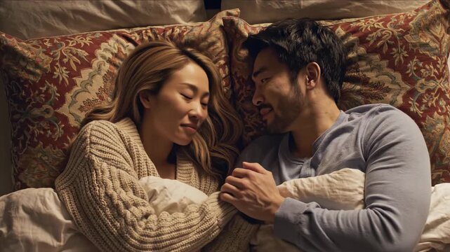 Intimate moment between an asian couple lying in bed looking into each others eyes with serious expression
