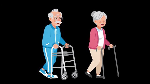 Animated elderly couple strolls, featuring an old man using walker and woman with cane