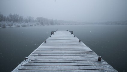 Obraz premium Stretching snow-dusted wooden pier drawing viewer toward misty horizon at lake, with mooring posts