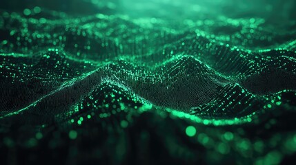 Abstract background showing bright green glowing particles forming undulating waves, representing complex data, information networks, and technological concepts flowing across a futuristic landscape
